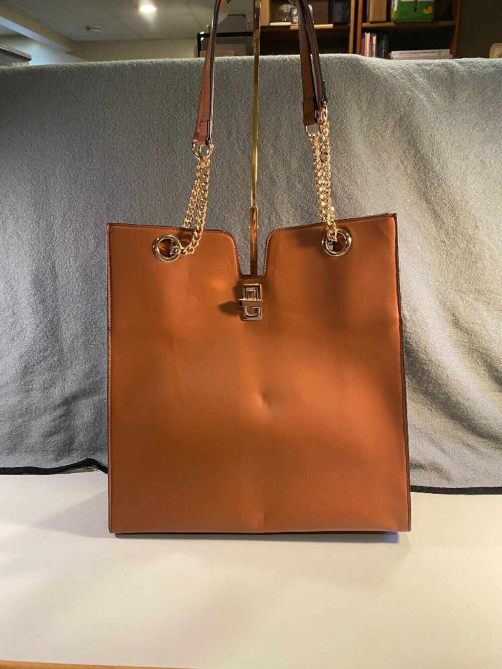 Ann Taylor Cognac Twist Snap Tote Bag with Gold Chain Accents